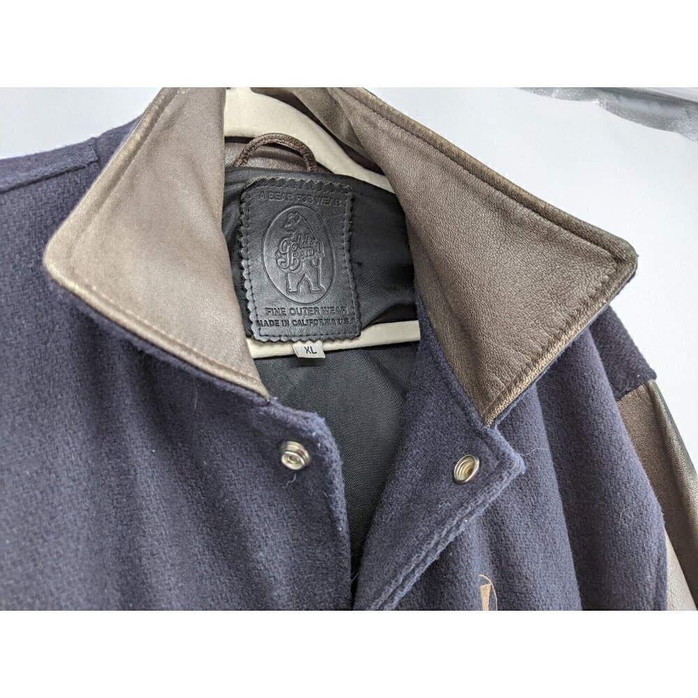 VTG Golden Bear Varsity Bomber Jacket Mens XL Wool Leather Blue Brown Z Letter - Picture 8 of 12